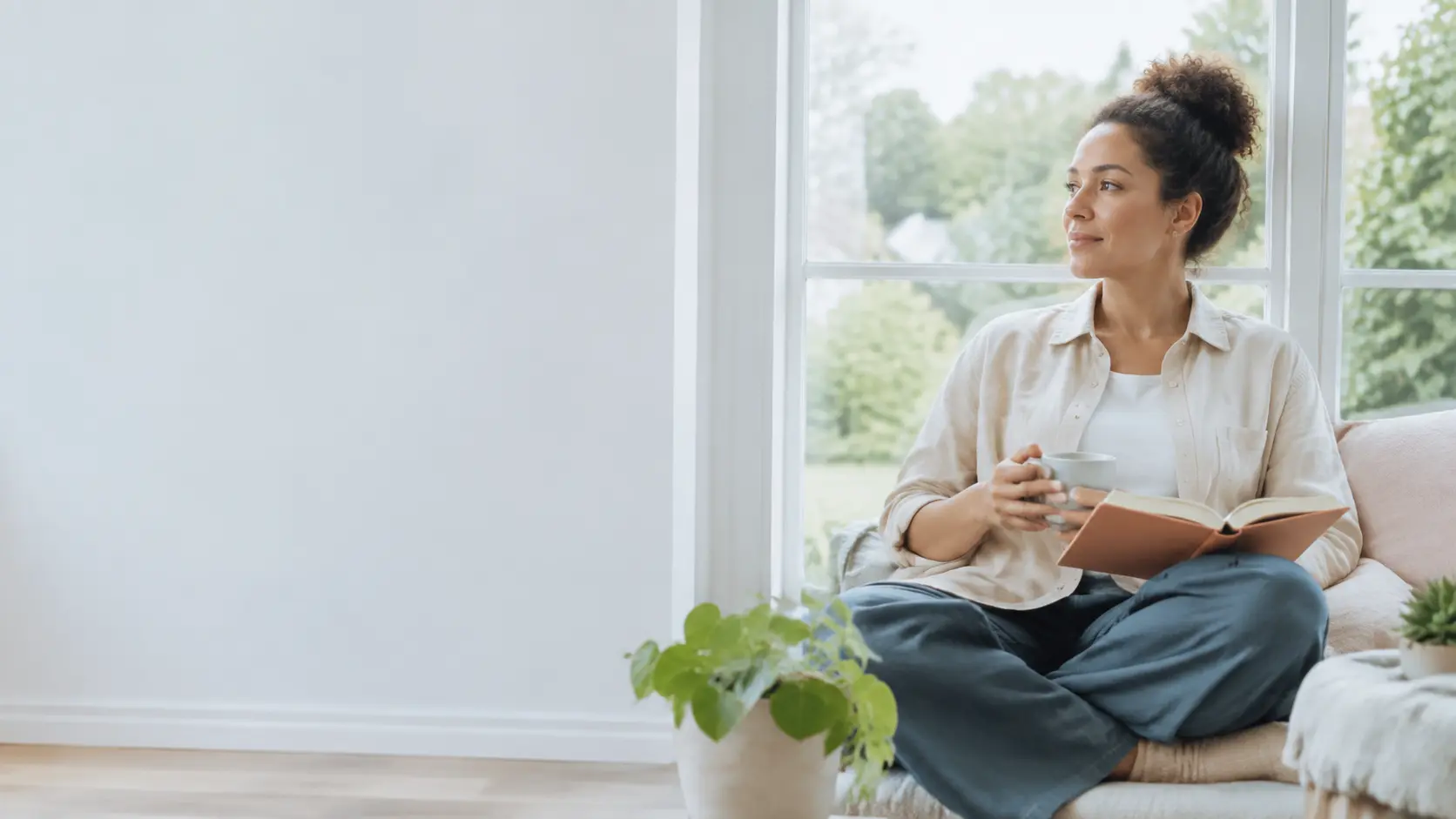 A woman taking a quiet moment with tea and a notebook beside a bright window